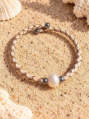 Braided Leather Bracelet Freshwater Faux Pearl Bead Adjustable Wrap Band Jewelry